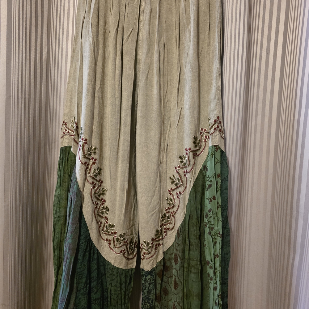 Boho Wide Leg Embroidered Layered Pants - Green/Cream - Picture 2 of 6